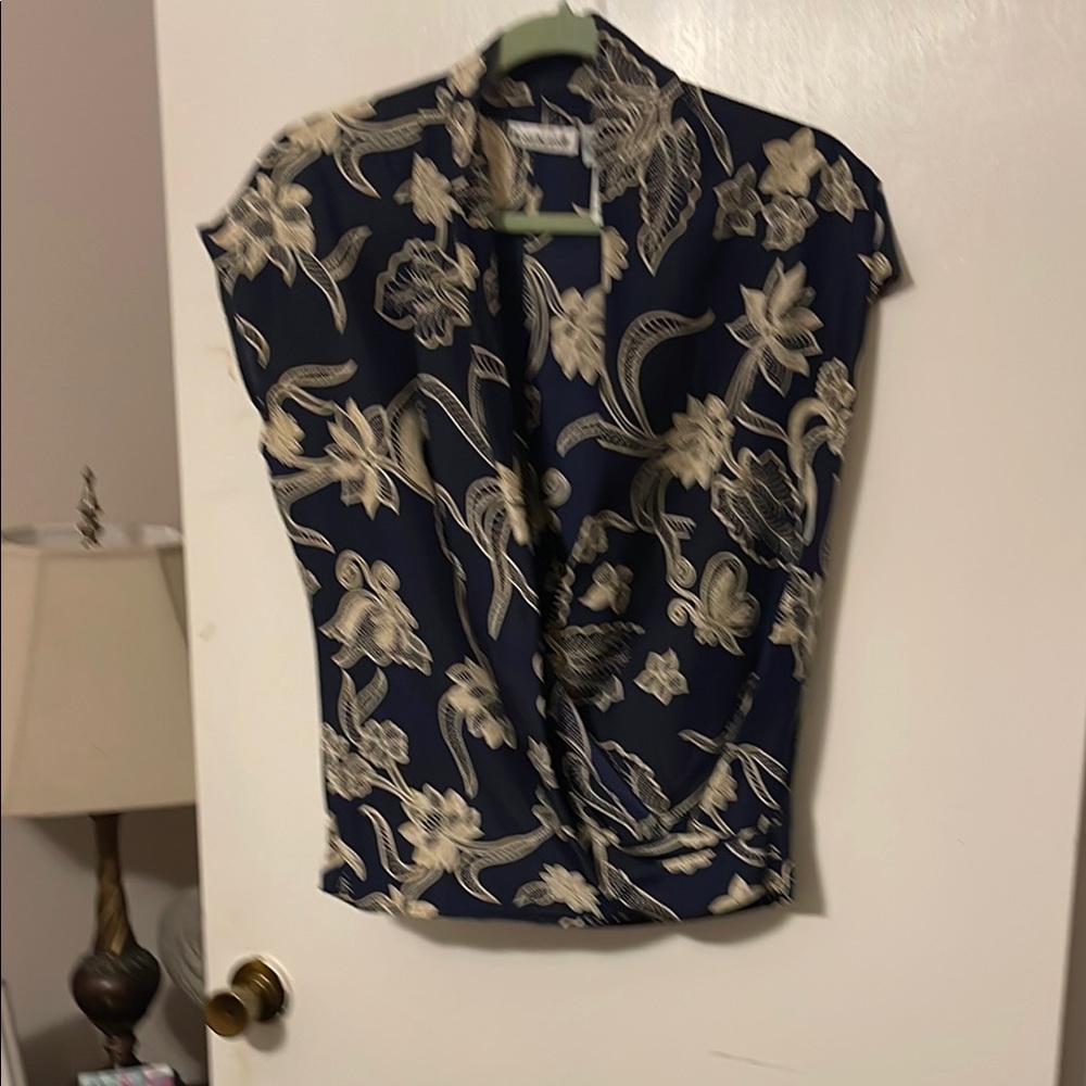 Anne Klein Blue Cream Wrap Blouse with Notched Collar